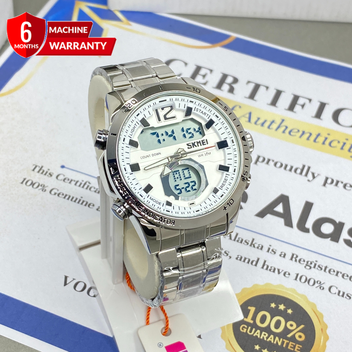 SKMEI 1391 Dual Time (Analog Digital) Stainless Steel Chain Watch For Men