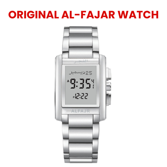 Al Fajar Original Men’s Stainless Steel Digital Watch with Azan Prayer Alarm Qibla Direction and Hijri Calendar