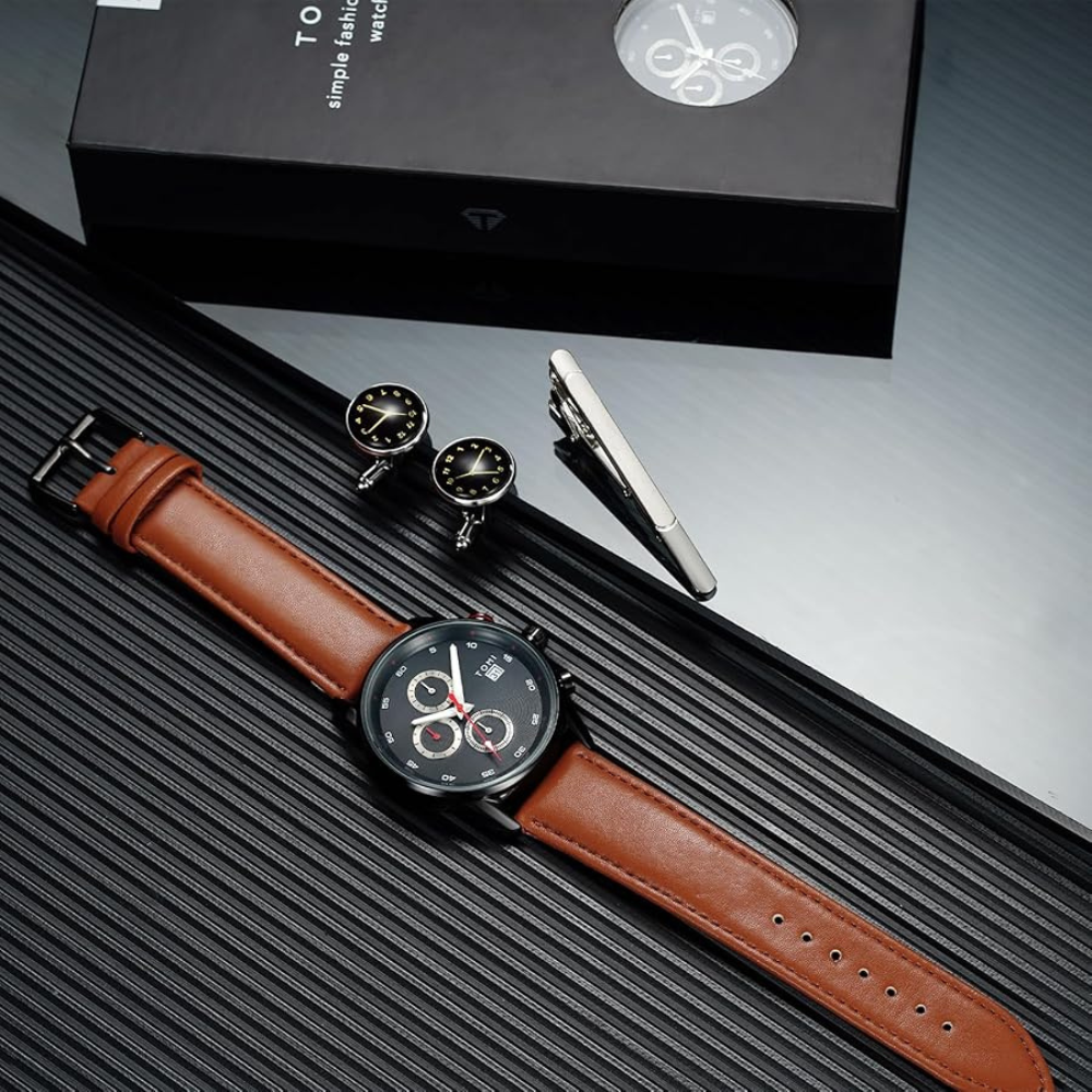 TOMI T-601 S6 Series Chronograph Business Watch With Cufflinks & Tie Pin For Men