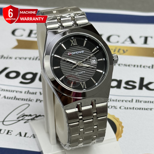 PORTIVE Luxury Mens Round Dial Stainless Steel Chain Watch With Date Display