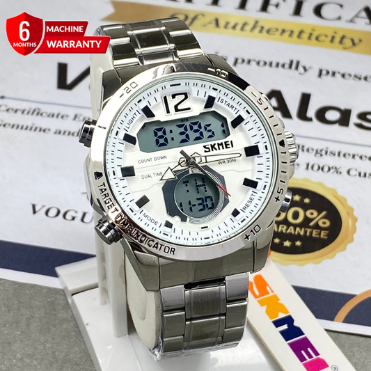 SKMEI 1391 Dual Time (Analog & Digital) Stainless Steel Chain Watch For Men
