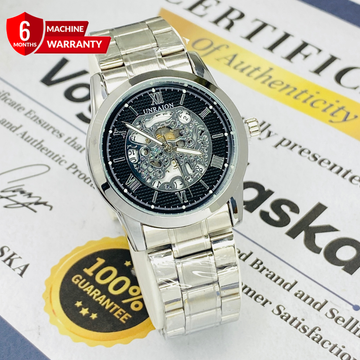 UNRAION Analog Time Skelton Dial Stainless Steel Men's Chain Watch With Date Display