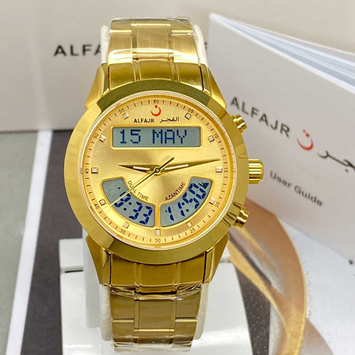 Al Fajar-Original Stainless Steel Dual Time Watch with Azan, Qibla, Prayer Alarm