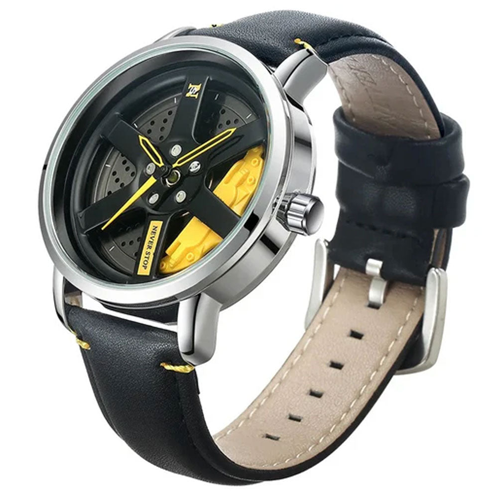 NS - Never Stop Watch With Rotating Wheel And Leather Strap