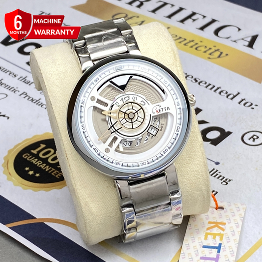 KETTA Men's Round Dial Analog Quartz Watch with Stainless Steel Chain and Date Display