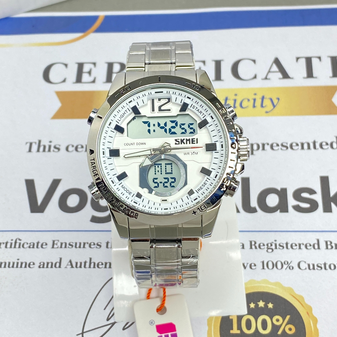 SKMEI 1391 Dual Time (Analog & Digital) Stainless Steel Chain Watch For Men