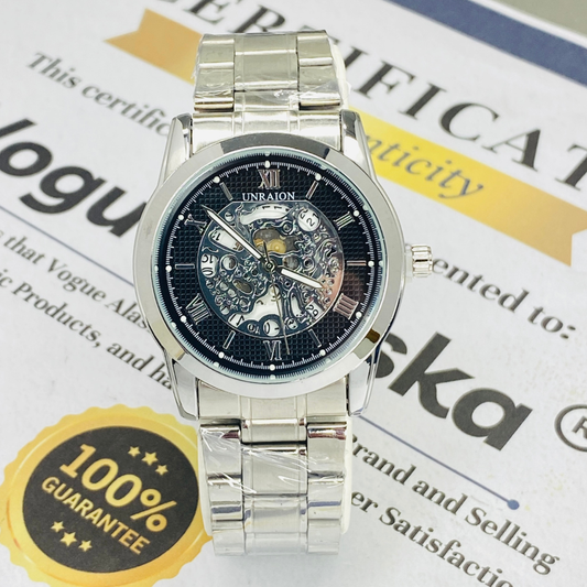 UNRAION Analog Time Skelton Dial Stainless Steel Men's Chain Watch With Date Display