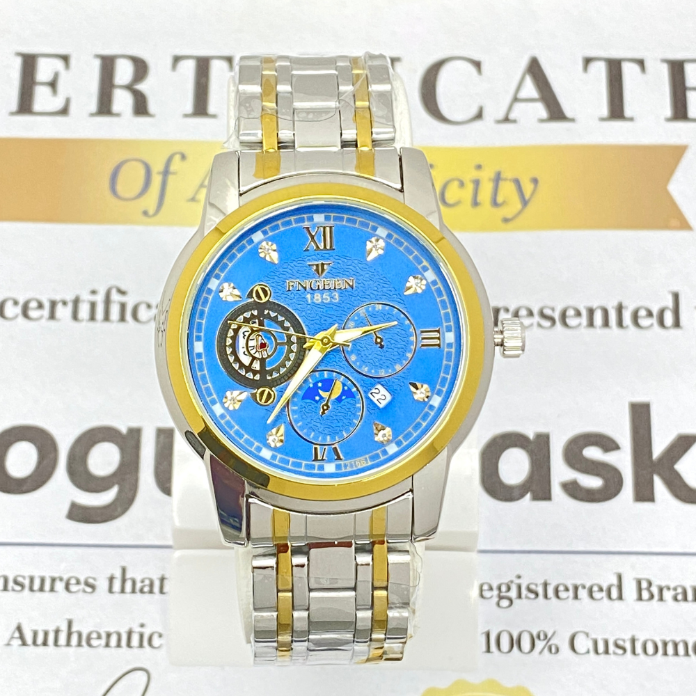 FNGEEN 1853 Round Dial Stainles Steel Chain Watch For Men With Date Display