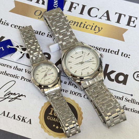 Longbo Analog Quartz Luxury Chain Couple Watches with Date & Day Display – Elegant Pair Design