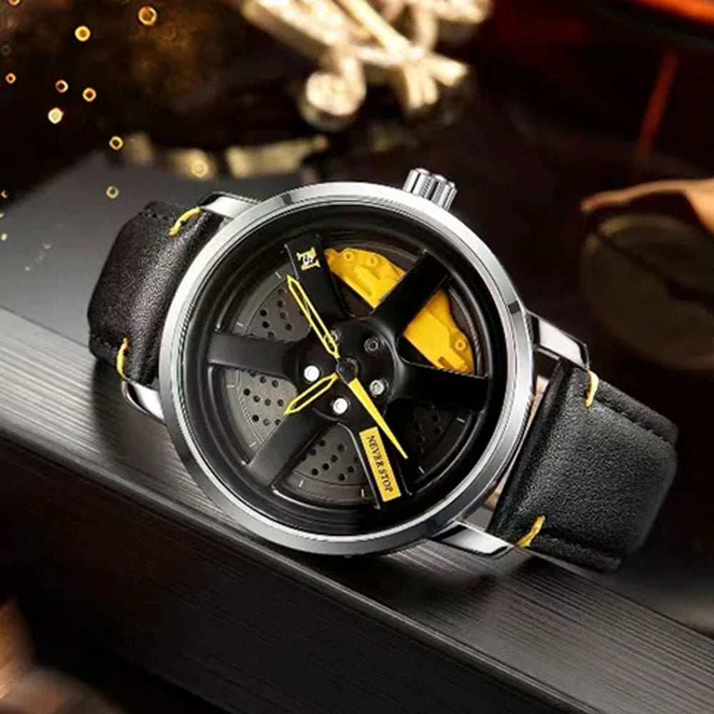 NS - Never Stop Watch With Rotating Wheel And Leather Strap