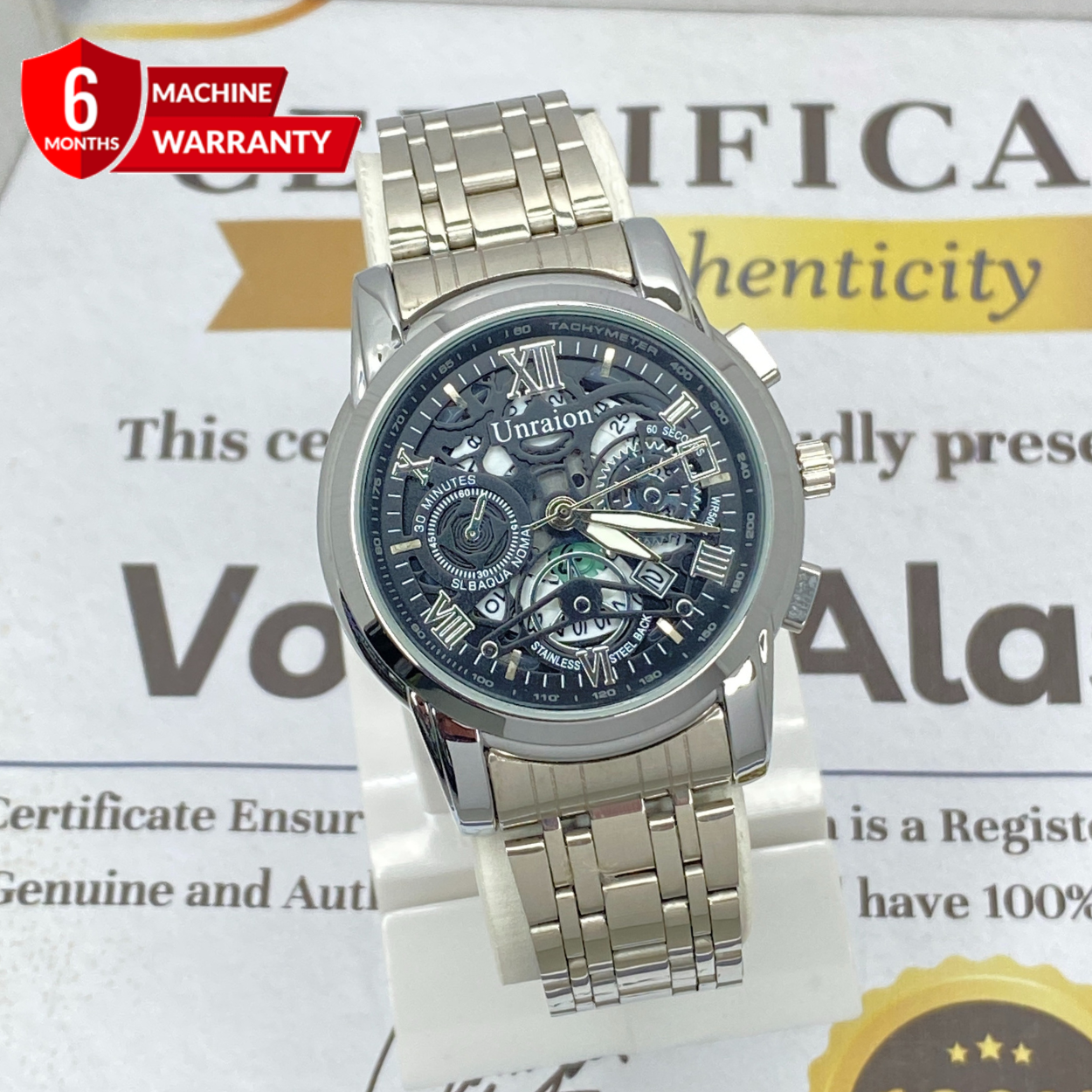 UNRAION Analog Time Skelton Dial Stainless Steel Chain Watch For Men With Date Display