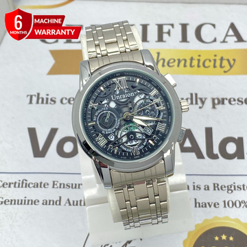 UNRAION Analog Time Skelton Dial Stainless Steel Chain Watch For Men With Date Display