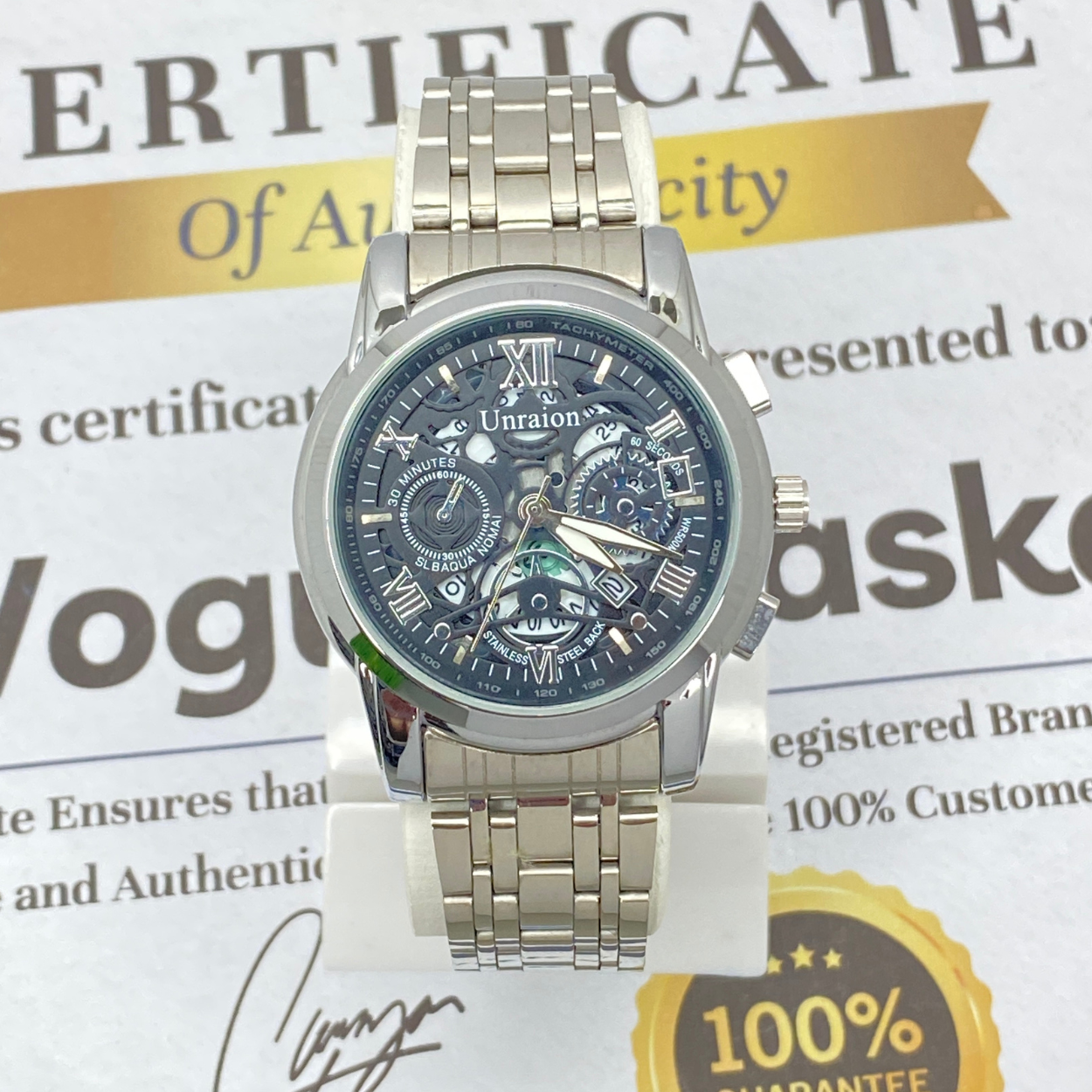 UNRAION Analog Time Skelton Dial Stainless Steel Chain Watch For Men With Date Display