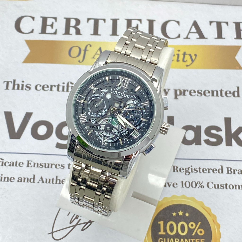 UNRAION Analog Time Skelton Dial Stainless Steel Chain Watch For Men With Date Display