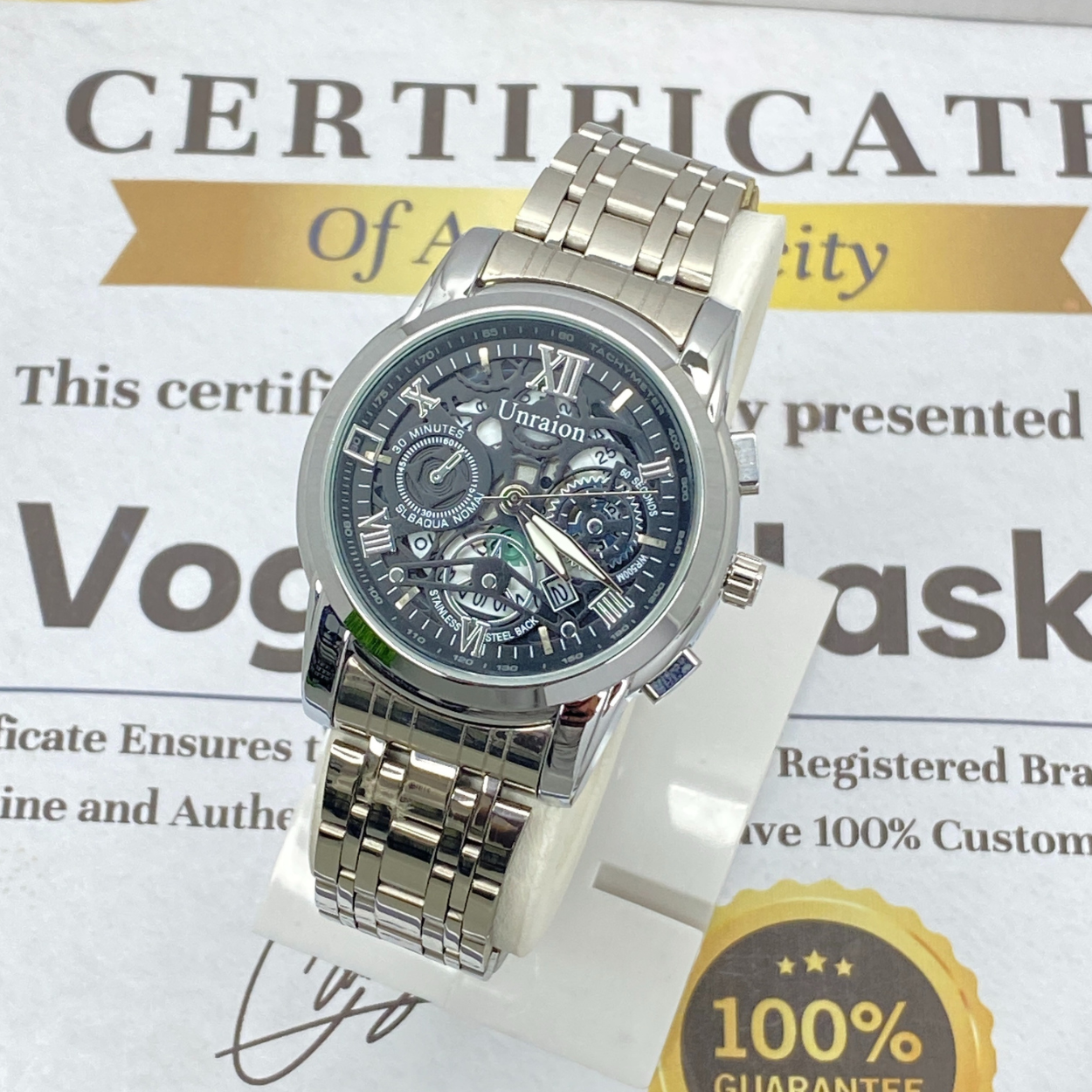 UNRAION Analog Time Skelton Dial Stainless Steel Chain Watch For Men With Date Display