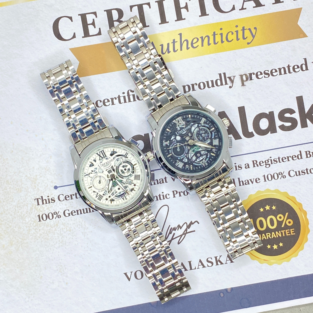 UNRAION Analog Time Skelton Dial Stainless Steel Chain Watch For Men With Date Display