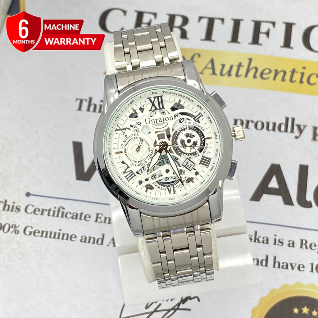 UNRAION Analog Time Skelton Dial Stainless Steel Chain Watch For Men With Date Display