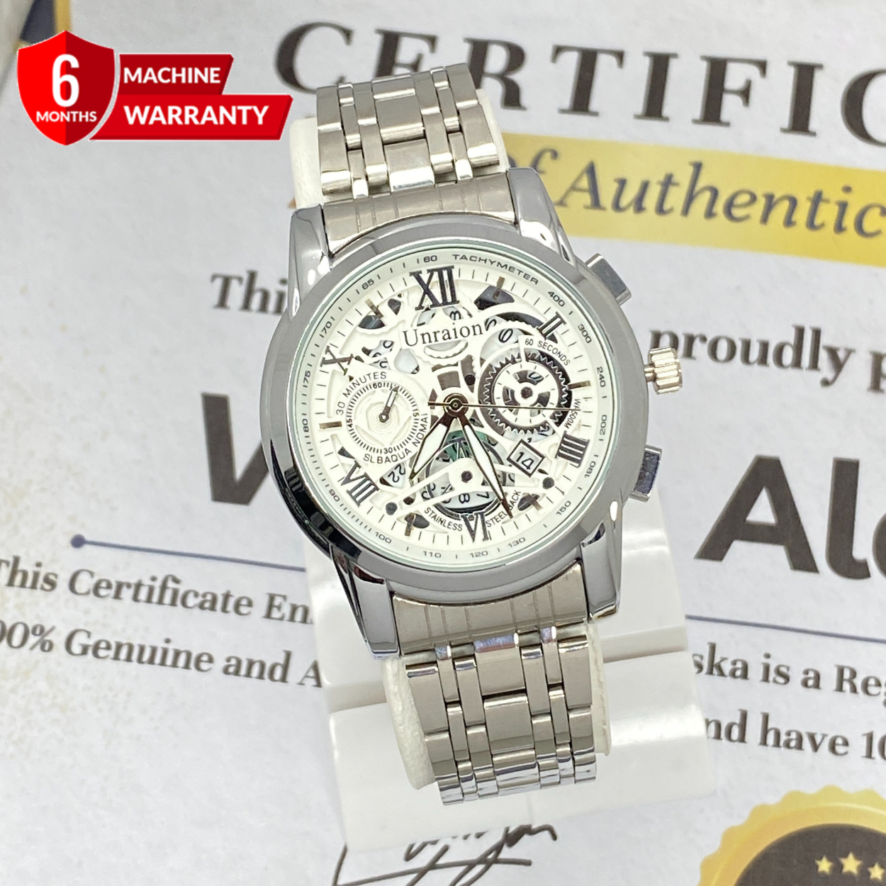 UNRAION Analog Time Skelton Dial Stainless Steel Chain Watch For Men With Date Display