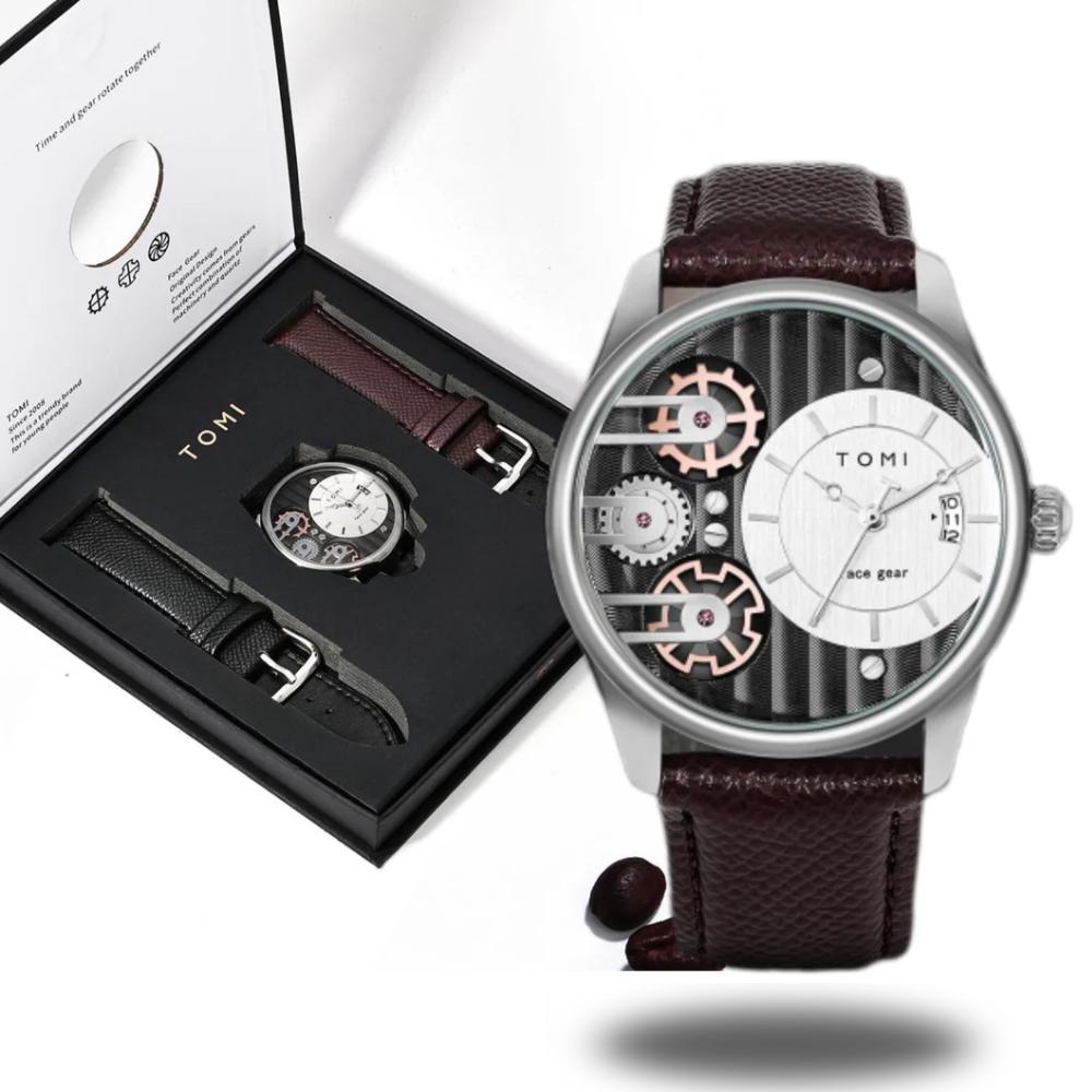 TOMI T-106 Analog Face Gear Display Dual Strap Watch For Men
