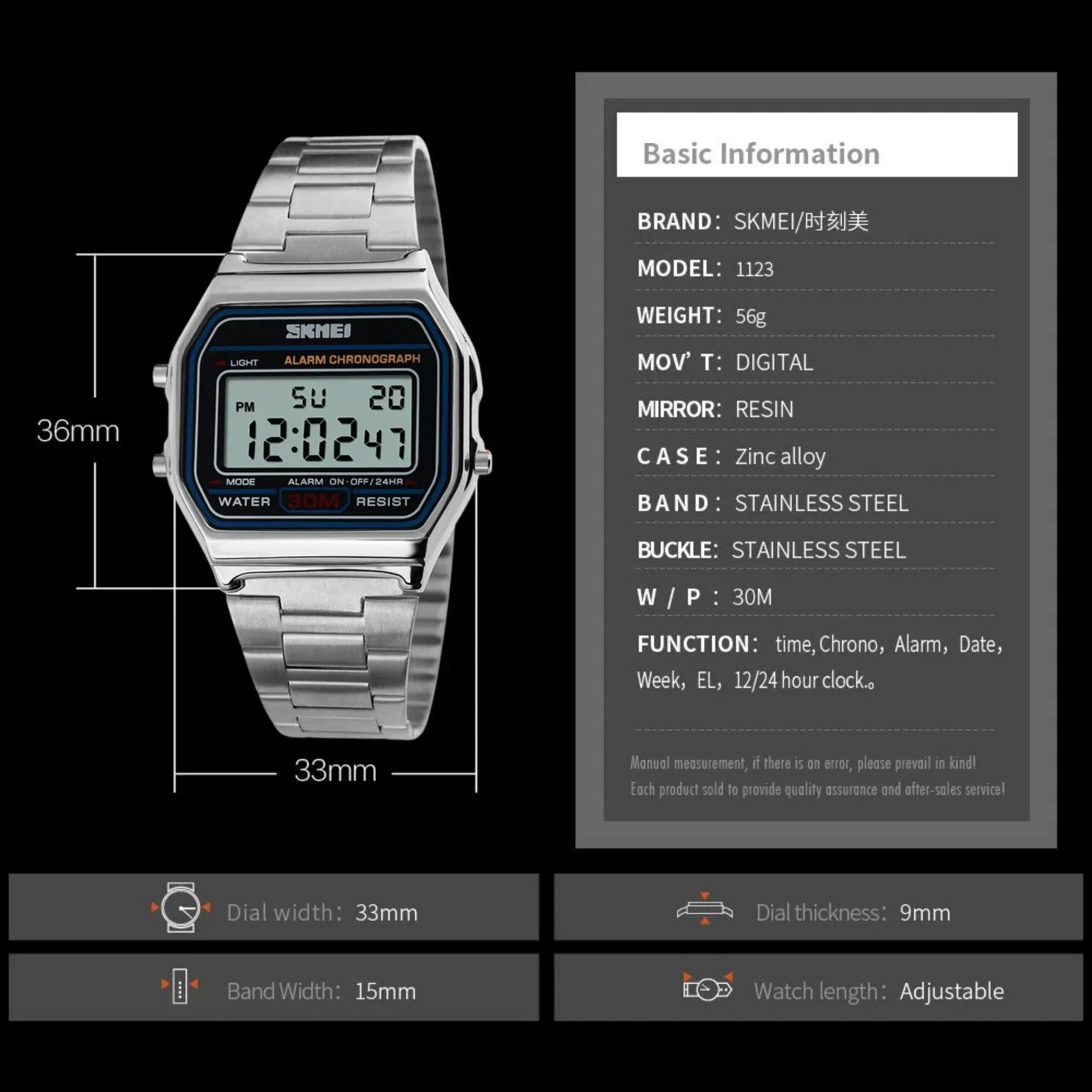 SKMEI-1123 Digital Display Stainless Steel Made Water Resistant Watch For Men