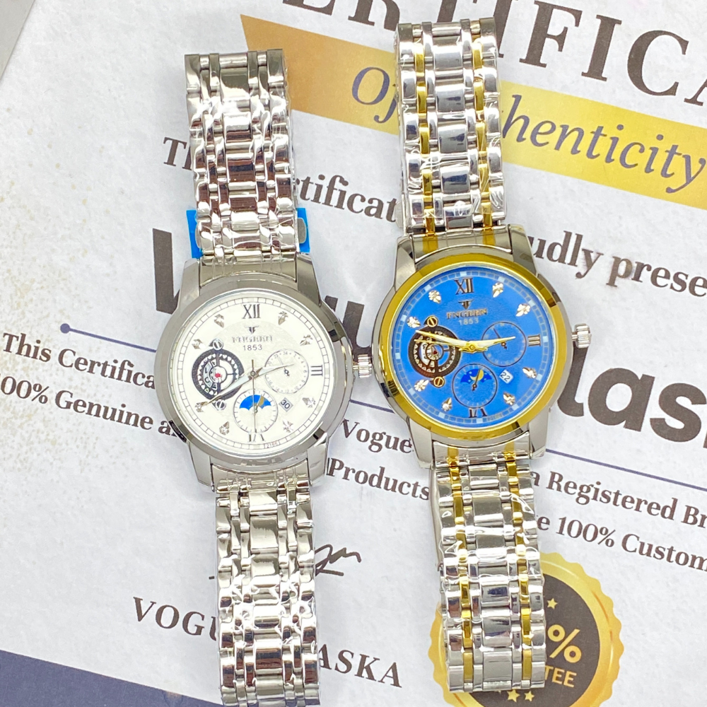 FNGEEN 1853 Round Dial Stainles Steel Chain Watch For Men With Date Display