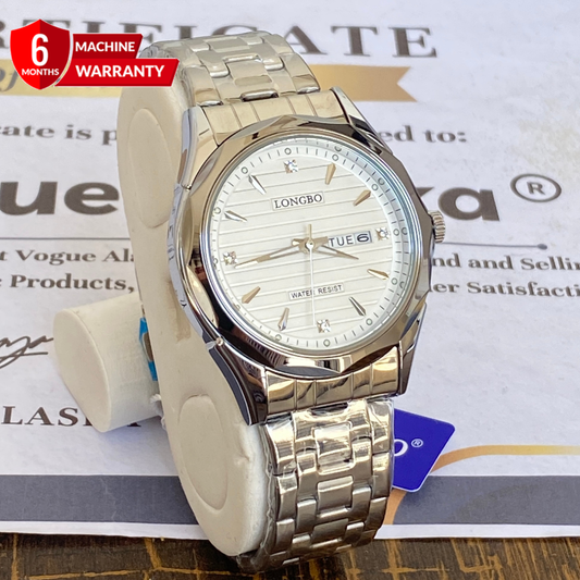 Longbo Analog Quartz Movement Round Dial Stainless Steel Chain Watch With Date & Day Display For Men
