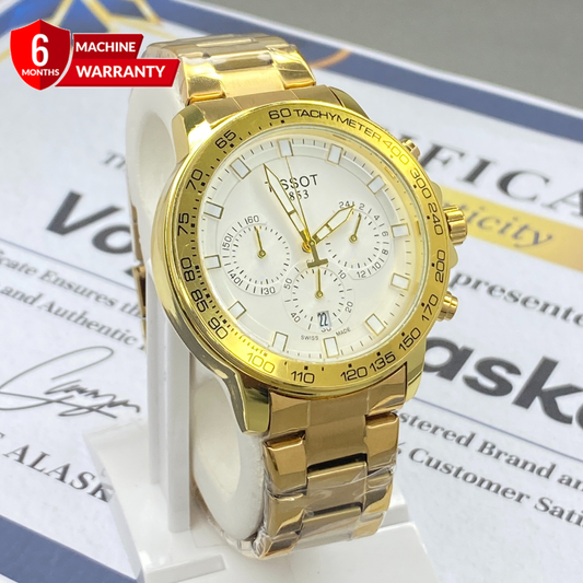 Luxury Chronograph Working Round Dial Stainless Steel Chain Watch With Date Display For Men