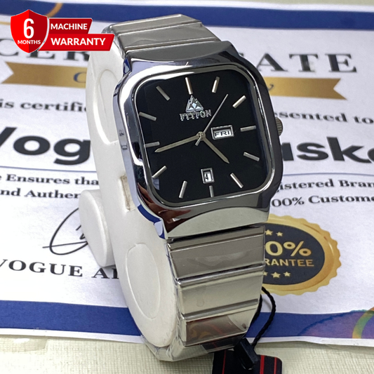 FTTPON  Analog Quartz Movement Durable Stainless Steel Chain Watch Square Dial With Date & Day Display