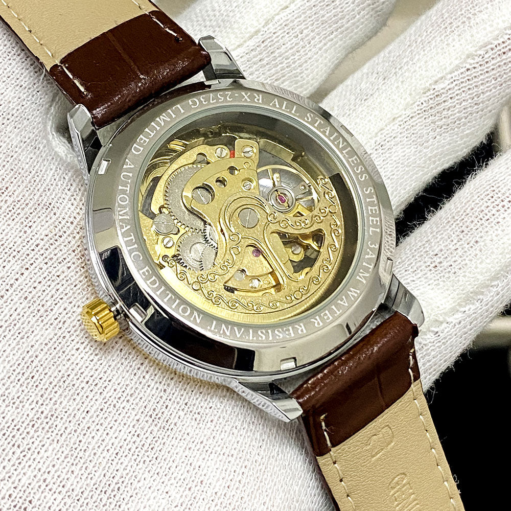 ROLEX Skeleton Automatic Leather Strap Watch With Mechanical Movement