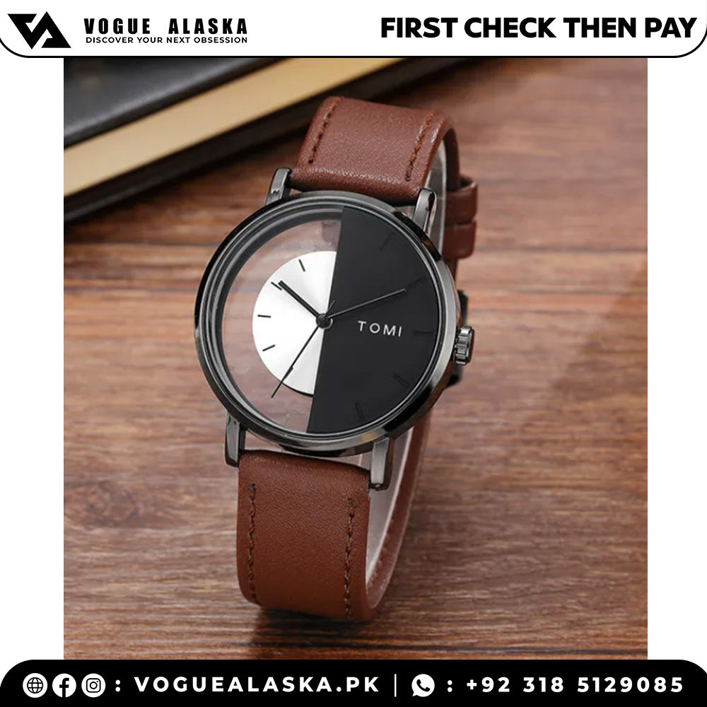 TOMI T-080 Transparent Design Leather Strap Men&#39;s Watch