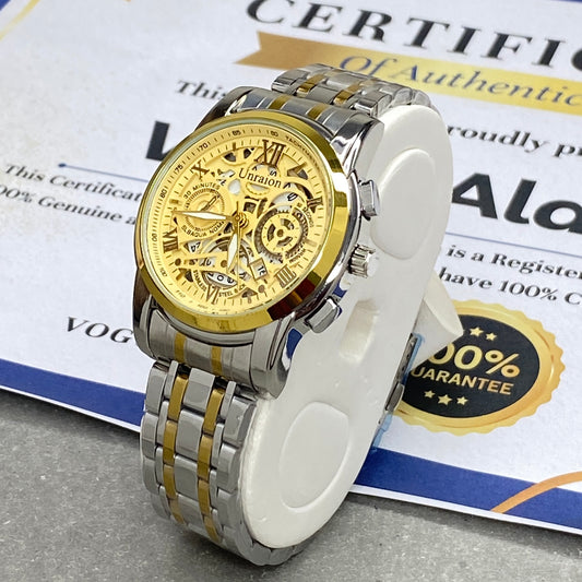 UNRAION Analog Time Skelton Dial Stainless Steel Chain Watch For Men With Date Display