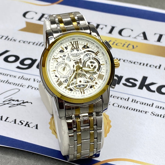 UNRAION Analog Time Skelton Dial Stainless Steel Chain Watch For Men With Date Display