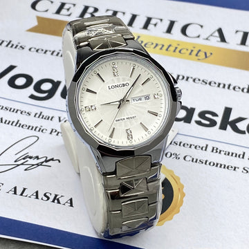 Longbo Analog Quartz Movement Round Dial Stainless Steel Chain Watch With Date & Day Display For Men